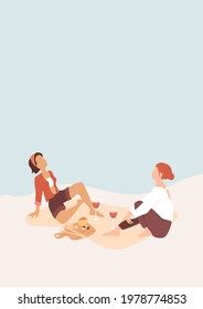 Girlfriends sitting on the beach with cheeseboard, glasses of red wine. Abstract women looking on the sky. Landscape with copy space, summer illustration, outdoor picnic.