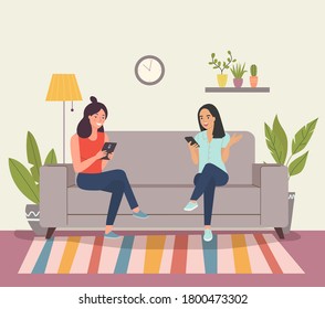 Girlfriends are sitting on the sofa with smartphones. Vector flat cartoon style illustration