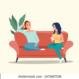 Girlfriends are sitting on the sofa. Vector flat style illustration
