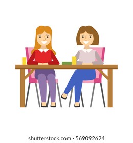 Girlfriends Sitting At The Table, Smiling Person Having A Dessert In Sweet Pastry Cafe Vector Illustration