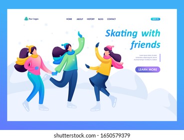 Girlfriends skate, have fun, rejoice, laugh, friendship. Flat 2D character. Landing page concepts and web design