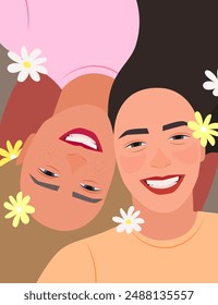 Girlfriends are smiling, decorated with daisies. Happy Friendship Day greeting illustration.
