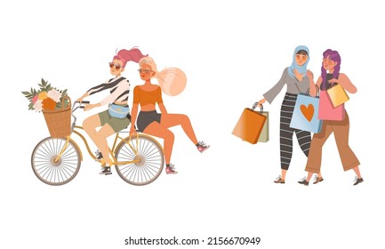 Girlfriends spend time together set. Happy young women riding bike and shopping together cartoon vector illustration