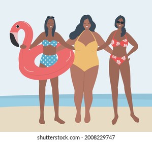 Girlfriends in swimsuits stand against the background of the sea. Three young women in beach suits stand together. Also a Flamingo swimming ring in the picture. Vector illustration