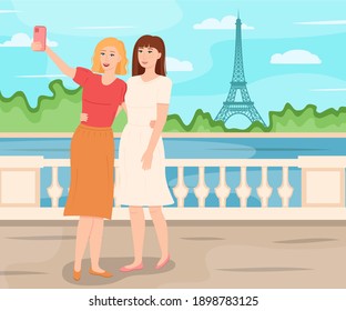 Girlfriends take a photo against the backdrop of the Eiffel Tower, vector illustration
