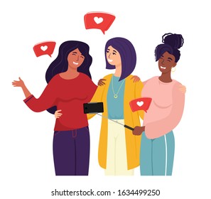 Girlfriends take selfies for social networks, characters with symbols of likes. Vector isolate of characters in cartoon flat style.