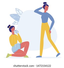 Girlfriends Taking Photos Flat Vector Characters. Model Posing, Having Photo Session Illustration. Female Professional Photographer Taking Beautiful Woman Pictures. Girl Holding Camera