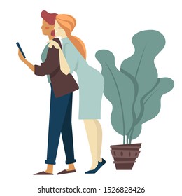 Girlfriends taking selfie on smartphone, standing and hugging. Women facetiming with friends. Indoors pastime, friendship and social media. Tall domestic plant in pot. Flat vector illustration.