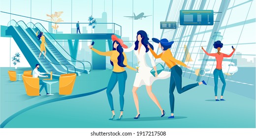 Girlfriends Taking Selfie Photo on Smartphone in Airport. Happy Female Tourists. People Traveling. Friends Meeting. Adventures and Travel. Vacations on Holidays. Vector Cartoon Flat Illustration