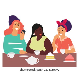 girlfriends talk at a table in a cafe on international women's day