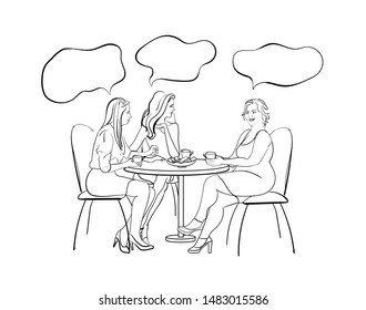 girlfriends talking at lunch at a table in a cafe black and white linear stock vector illustration on white background