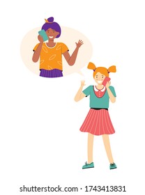Girlfriends talking on smartphone. Phone conversation. Two teenage girls calling by telephone. Female cartoon characters. Children friends have fun communicating. Social distance. Vector illustration