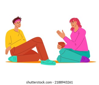 Girlfriends talking while sitting together side by side, flat vector illustration isolated on white background. Casual scene of easy communication, friendly conversation, friends chatting.