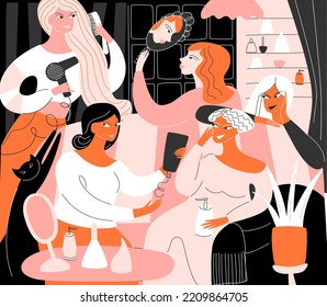  Girlfriends Test Cosmetics And Have Fun At Home. Vector Illustration Of A Bachelorette Party.