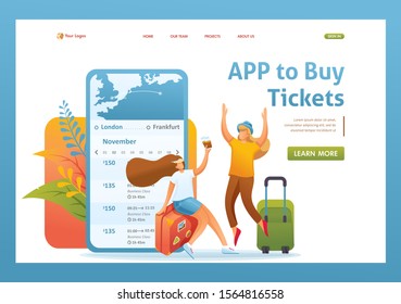 Girlfriends tourists bought tickets through a mobile application. Flat 2D character. Landing page concepts and web design.