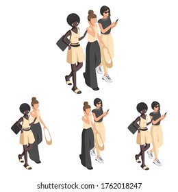 Girlfriends in trendy outfits set and isometric people. Girls fashionistas of different nationalities. Vector illustration.