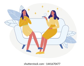 Girlfriends Try Cosmetics Flat Vector Illustration. Young Ladies, Sisters Sitting on Couch Cartoon Characters. Girl applies Lipstick, Lip Gloss. Woman Holding Pocket Mirror. Female Fashion, Makeup