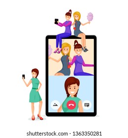 Girlfriends video call vector illustration. Ladies with tablet, cotton candy and woman holding smartphone cartoon characters. Female friendship, online communication, internet technology flat design
