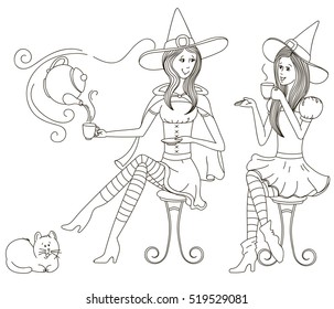 Girlfriends witches. Isolated outline on a white background for the painting.