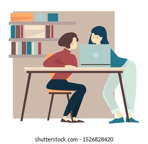 Girlfriends working on laptop in home library, looking at notebook screen together. College friends studying, prepare for exams. Social media and internet flat vector illustration.