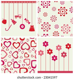 Girlie seamless background and objects set. Vector illustration.