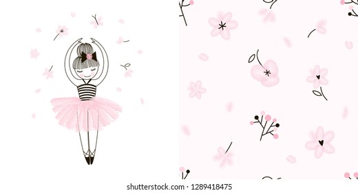 Dibujo con temática de Ballet Girlish con la adorable ilustración de bailarina de dibujos animados y un suave y suave patrón floral. Dibujo lineal de Doodle. Color rosa. Perfecto para la tela de la niña