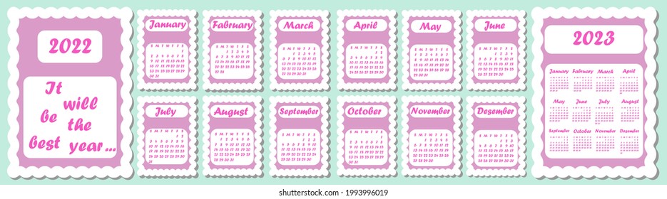 Girlish calendar. Calendar for every month of 2022 and short version of 2023 year. Wall calendar, printable, week starts on sunday, stationery design, organaizer for office or home, colorful, vector