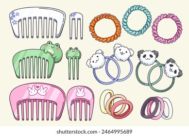 Conjunto de accesorios de pelo de dibujos animados para niñas - peine, plástico y elástico crujiente. colección de Ilustración vectorial de la cabeza femenina linda decoración cepillos y bandas para peluquería y aseo.