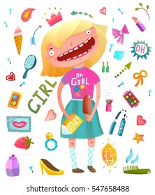 Girlish clip art collection with teenager girl and cosmetics. Young funny girl fun colorful watercolor cartoon design elements. Vector illustration.