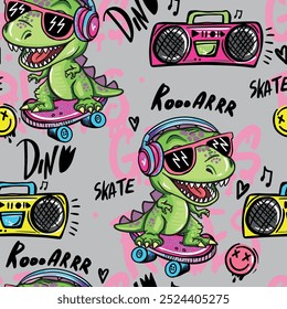 Girlish cool seamless pattern with dinosaur in sunglasses on a skateboard. graffiti background with t rex.For textile, kids wear, fabric and more
