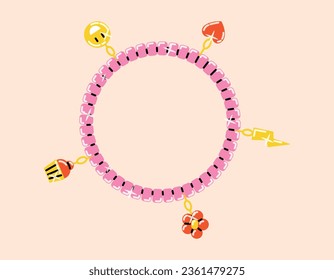 Girlish cute handmade bracelet with pendants or keychains. Vector cartoon isolated baby beaded flat chain, 90s fashion.