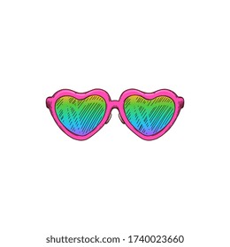 Girlish cute sunglasses in heart shape icon or symbol, vector sketch doodle illustration isolated on white background. Youth fashion or street casual outlook accessory.