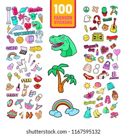 Girlish Doodle with Rainbow and Unicorn. Teenager Style Stickers, Badges and Patches. Vector illustration