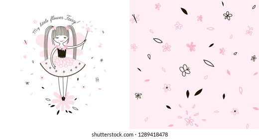 Girlish Fairy themed graphic set with Little cute cartoon Fairy girl illustration and seamless small scaled floral pattern. Doodle linear drawing. Pink colour. Perfect for baby girl fabric, textile