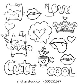 girlish fashion set line elements clouds  hearts  cats  lips  cup tea  crown  comic text love  cute  cool  hipsters stickers for girls in cartoon style hand drawing in black   white colors
