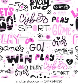 Girlish game seamless pattern. Pink print for clothes, textiles, wrapping paper, Typography slogan. Background for Social media, blogs. Text: video game, play, win, game over, go, cyber sport.