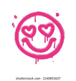 Girlish Graffiti emoticon. Pink smiling face painted by spray paint. Emoji with heart shaped eyes. Vector hand drawn grunge illustration