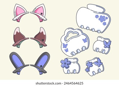 Girlish hair accessories collection - clips with funny animal ears and barrette. Cartoon vector illustration set of cute woman head plastic decoration collection for hairdressing and grooming.