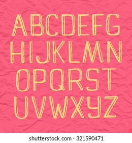 Girlish hand drawing sketch vector alphabet, pink & yellow uppercase type thin handwritten letters