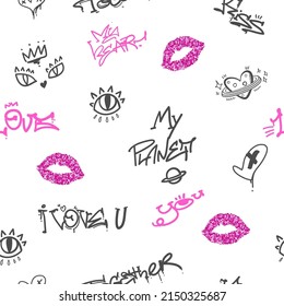 Girlish lettering seamless pattern with kiss lips track, comics sig eye, cat face, hearts, planet. Repeat lettering print for fashion textile, girl clothes, wrapping paper.