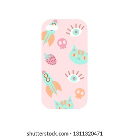 Girlish light beige phone cover with colorful abstract design isolated on a white background. Protective mockup cover for smartphone with eyes, eyelashes, rockets, skulls, cats, strawberries. Cute sti