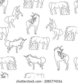 Girlish linear unicorns seamless pattern. Black and white cute magic light repeating backgound