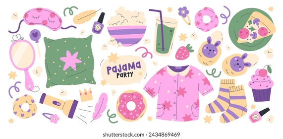 Suministros de fiesta de pijama para niñas, accesorios de belleza, comida y bebidas, bocadillos y artículos de juego de lucha de almohadas para divertirse en la ilustración vectorial de entretenimiento. Fines de semana divertidos con amigos en casa