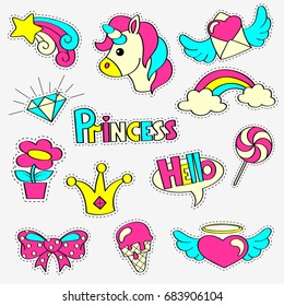 Girlish patch badges with princess, unicorn, rainbow, diamond, crown, lollipop, hearts, star, bow, flower. Stickers set. Fairytale theme