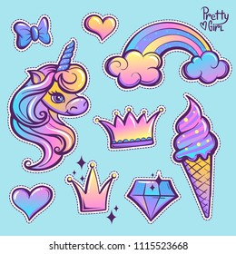 Girlish patch badges unicorn baby girl, crown, tiara, hearts, cone ice cream, brilliant, clouds,rainbow, text pretty girl. Funny vanilla color elements. Cartoon style stickers.