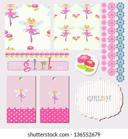 Girlish pattern with flowers and cheerful fairy