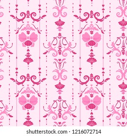 girlish pink seamless pattern with bow and rococo floral ornament
