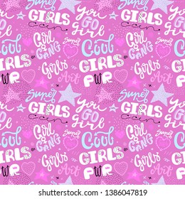 Girlish pink seamless pattern with hearts, lettering, stars. Cool super girls, go, power, typography. Print fashion design for kids clothes. Woman motivational slogan. Feminism quote.