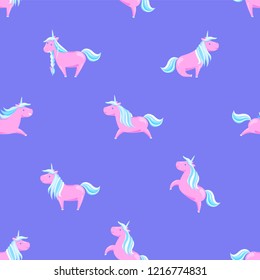 Girlish pink unicorns with mane and sharp horns seamless pattern. Mysterious horse from fairy tales, childish animal character vector wallpaper design