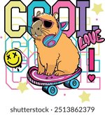Girlish print with capybara on skate. Typography slogan  for t-shirts.  for greeting card, t shirt printing and embroidery, Graphic tee and printed tee. Girlish print